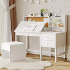 Kids Desk and Chair Set, Wooden Study Table with Adjustable Tilt Desktop, Drawers