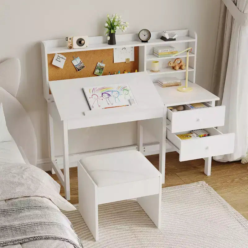 Kids Desk and Chair Set, Wooden Study Table with Adjustable Tilt Desktop, Drawers