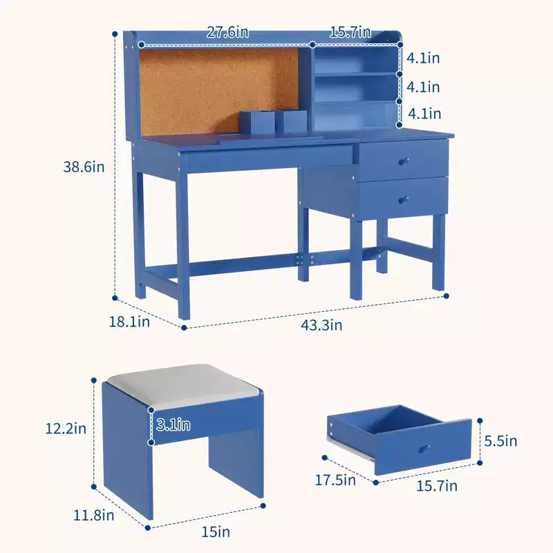 Kids Desk and Chair Set, Wooden Study Table with Adjustable Tilt Desktop, Drawers