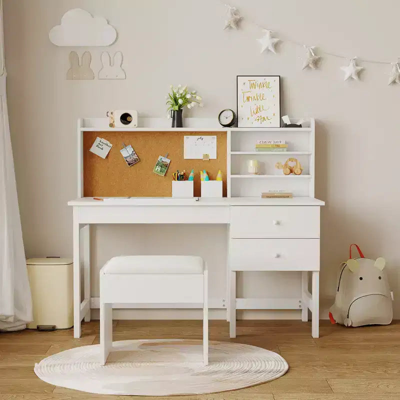 Kids Desk and Chair Set, Wooden Study Table with Adjustable Tilt Desktop, Drawers