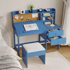 Kids Desk and Chair Set, Wooden Study Table with Adjustable Tilt Desktop, Drawers