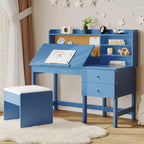 Kids Desk and Chair Set, Wooden Study Table with Adjustable Tilt Desktop, Drawers