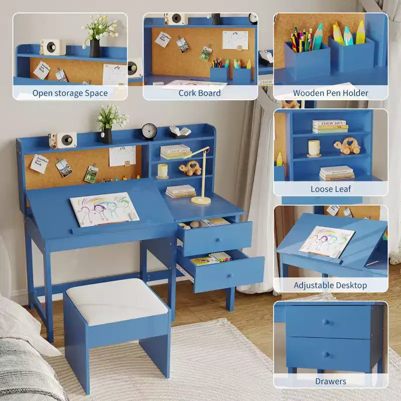Kids Desk and Chair Set, Wooden Study Table with Adjustable Tilt Desktop, Drawers