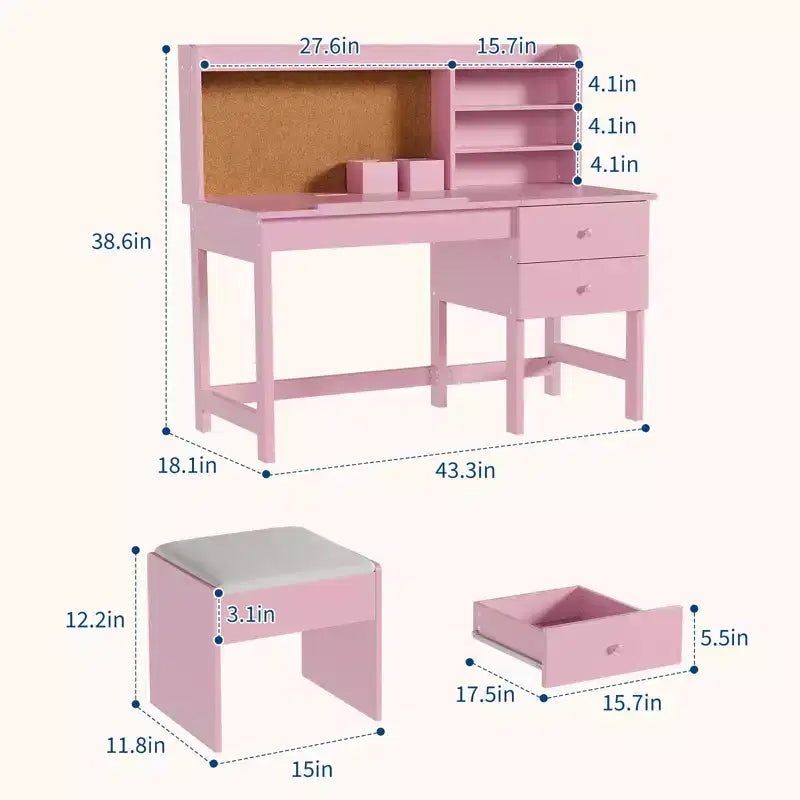 Kids Desk and Chair Set, Wooden Study Table with Adjustable Tilt Desktop, Drawers