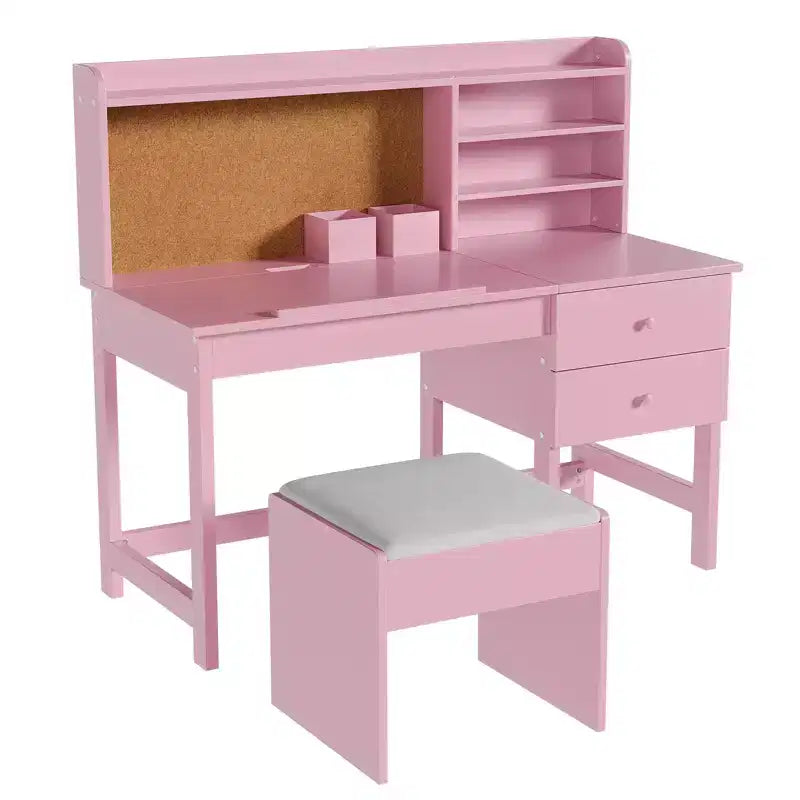 Kids Desk and Chair Set, Wooden Study Table with Adjustable Tilt Desktop, Drawers
