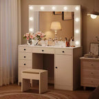 White Vanity Desk with Mirror & Lights, Modern Makeup Table with Charging Station & Drawers, Wooden Storage Vanity for Bedroom