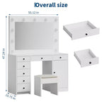 White Vanity Desk with Mirror & Lights, Modern Makeup Table with Charging Station & Drawers, Wooden Storage Vanity for Bedroom