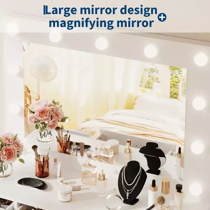 White Vanity Desk with Mirror & Lights, Modern Makeup Table with Charging Station & Drawers, Wooden Storage Vanity for Bedroom