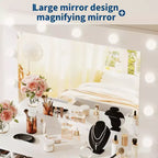 White Vanity Desk with Mirror & Lights, Modern Makeup Table with Charging Station & Drawers, Wooden Storage Vanity for Bedroom