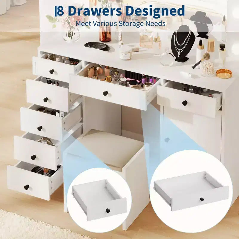 White Vanity Desk with Mirror & Lights, Modern Makeup Table with Charging Station & Drawers, Wooden Storage Vanity for Bedroom