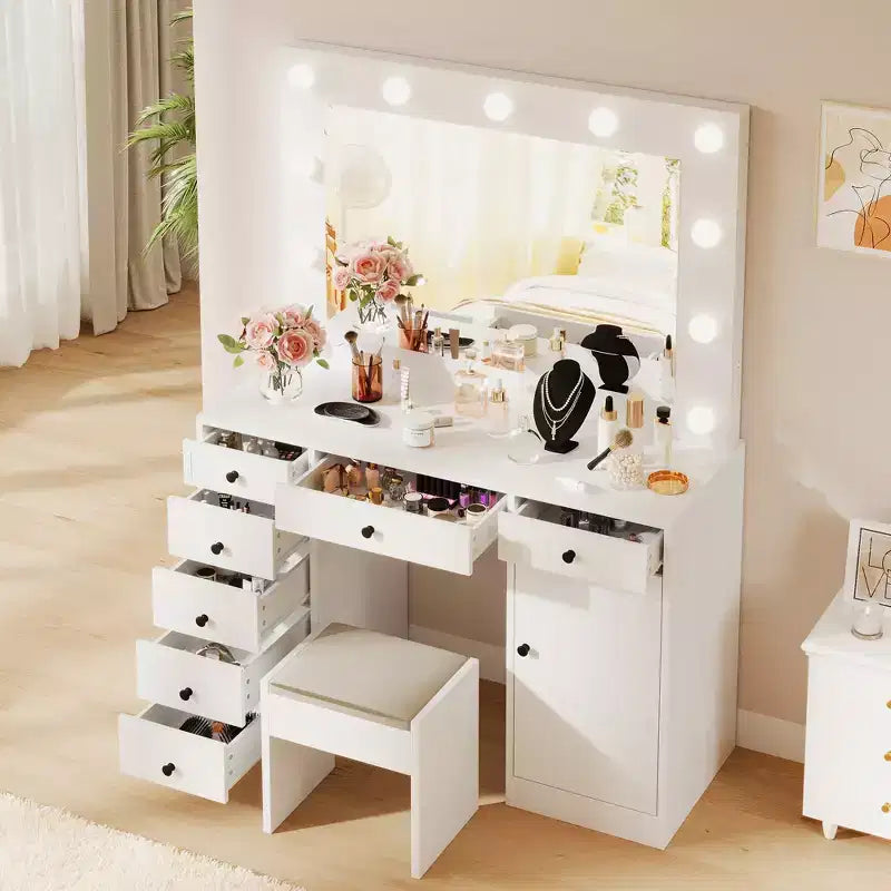 White Vanity Desk with Mirror & Lights, Modern Makeup Table with Charging Station & Drawers, Wooden Storage Vanity for Bedroom