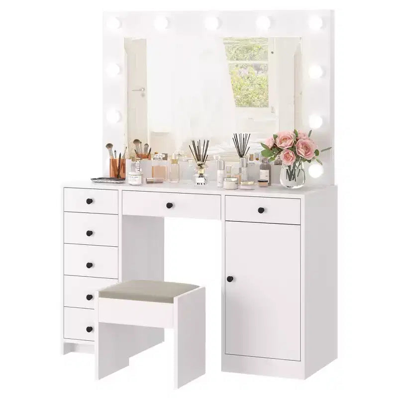 White Vanity Desk with Mirror & Lights, Modern Makeup Table with Charging Station & Drawers, Wooden Storage Vanity for Bedroom