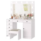 White Vanity Desk with Mirror & Lights, Modern Makeup Table with Charging Station & Drawers, Wooden Storage Vanity for Bedroom
