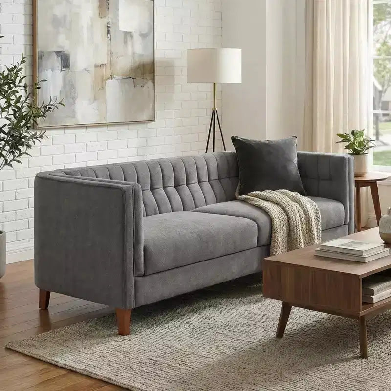 Christopher Knight Home Panadda Canapé moderne à 3 places en bois, revêtement chenille avec dossier capitonné cannelé