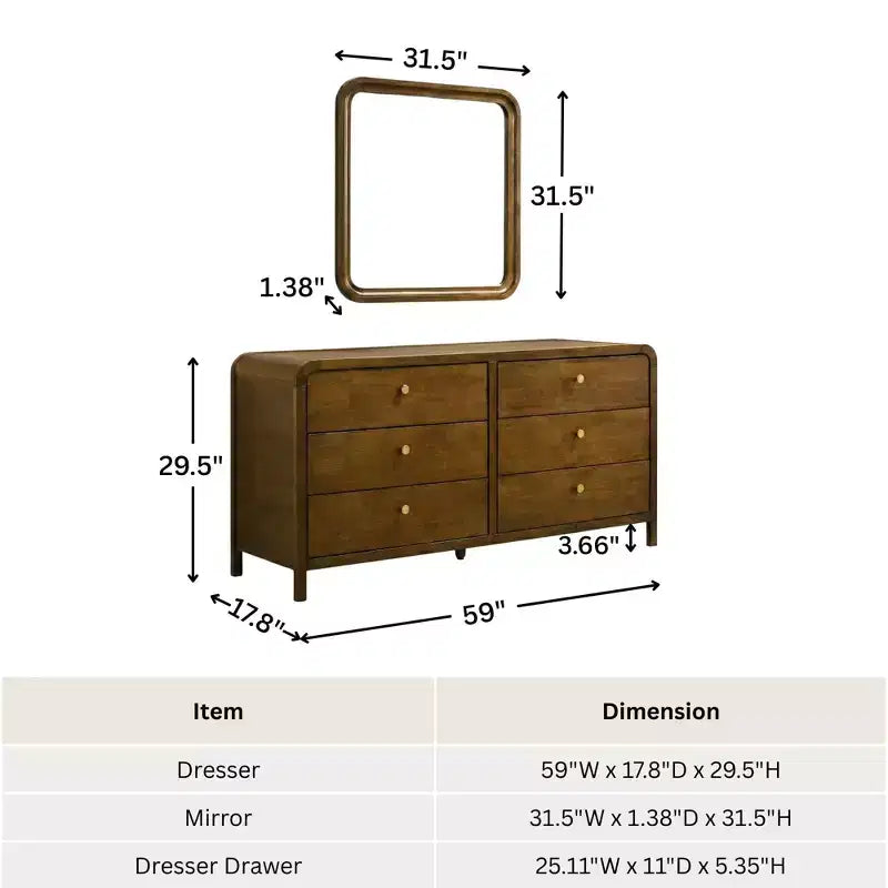 Roundhill Furniture Eldren 6-Drawer Wood Dresser with Mirror, Walnut Finish