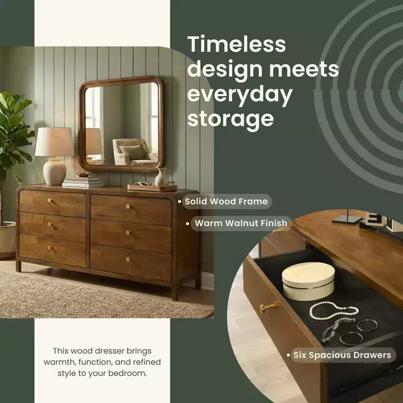 Roundhill Furniture Eldren 6-Drawer Wood Dresser with Mirror, Walnut Finish