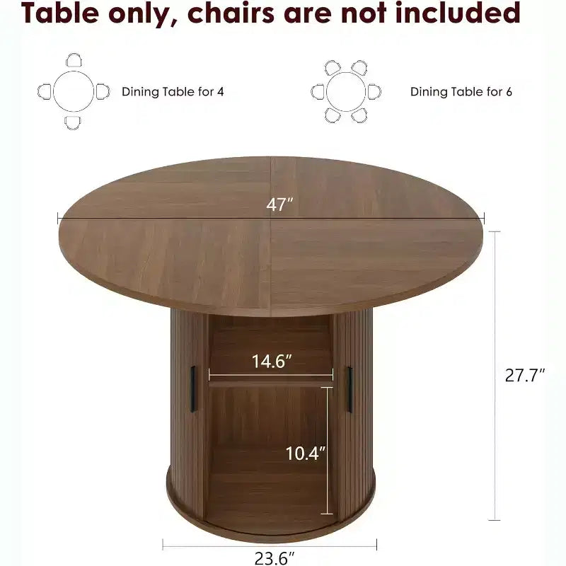 47 Round Dining Table for 4, Kitchen Dinner Table with 2-Tier Storage Shelf and Sliding Wood Door for Dining Room or Living Room