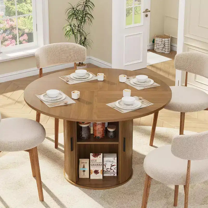 47 Round Dining Table for 4, Kitchen Dinner Table with 2-Tier Storage Shelf and Sliding Wood Door for Dining Room or Living Room
