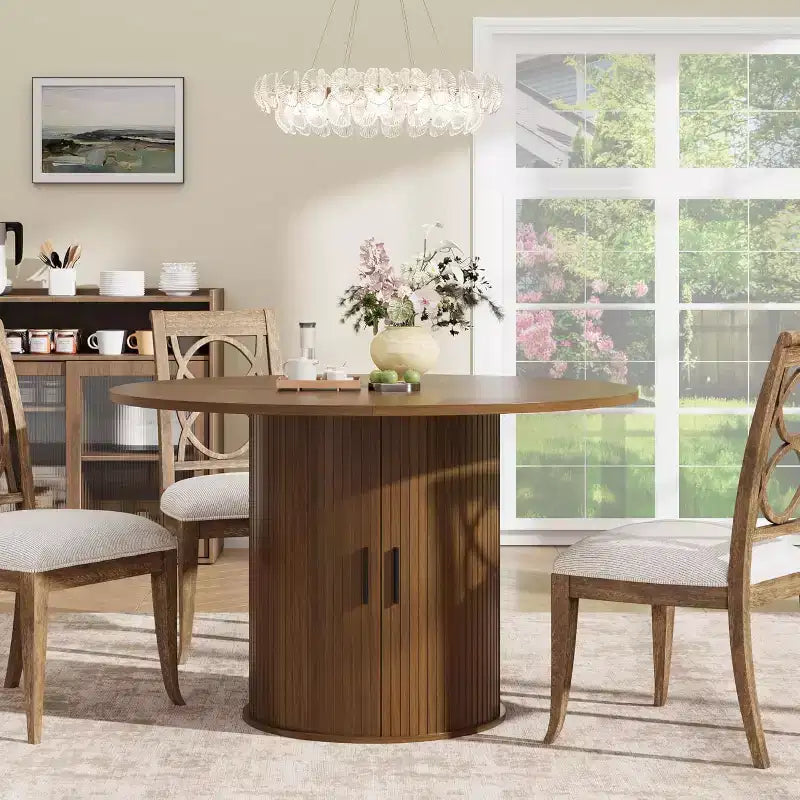 47 Round Dining Table for 4, Kitchen Dinner Table with 2-Tier Storage Shelf and Sliding Wood Door for Dining Room or Living Room