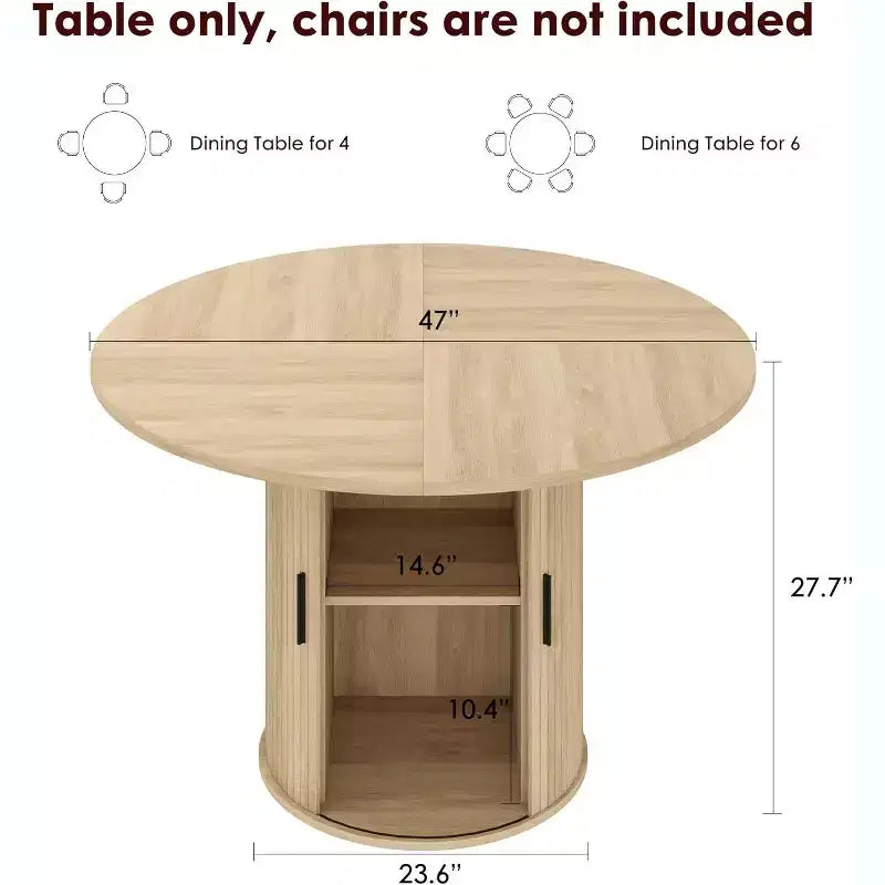 47 Round Dining Table for 4, Kitchen Dinner Table with 2-Tier Storage Shelf and Sliding Wood Door for Dining Room or Living Room