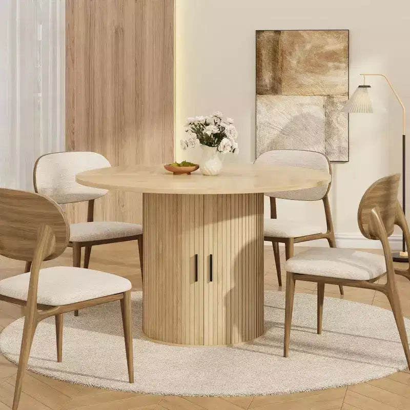47 Round Dining Table for 4, Kitchen Dinner Table with 2-Tier Storage Shelf and Sliding Wood Door for Dining Room or Living Room