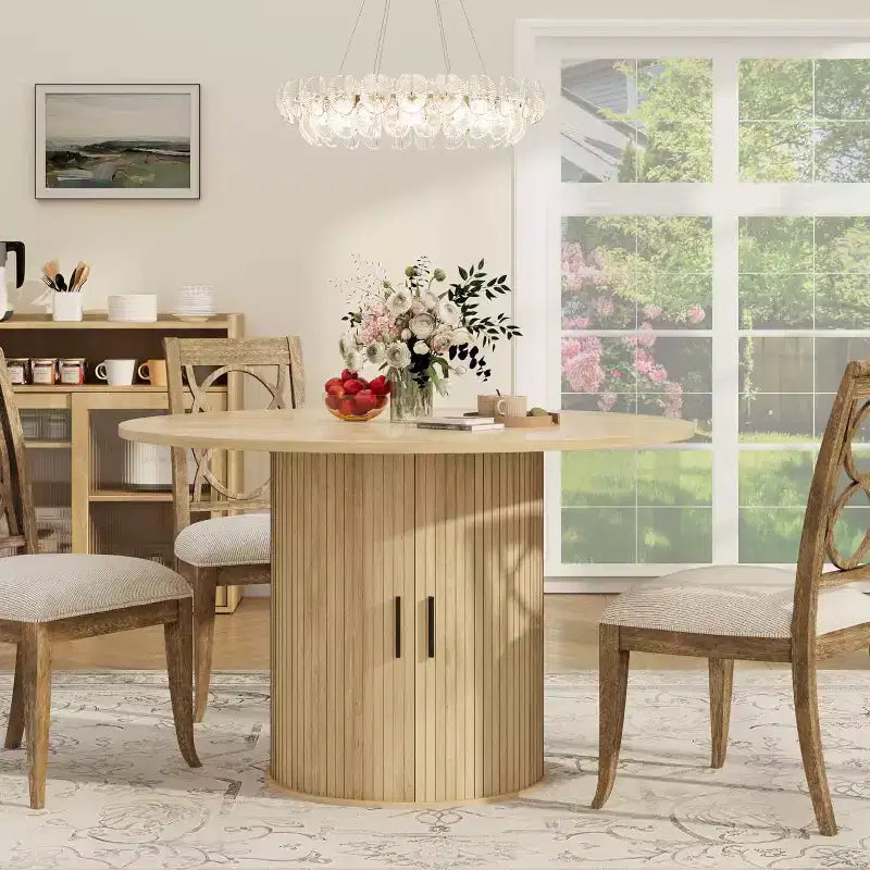47 Round Dining Table for 4, Kitchen Dinner Table with 2-Tier Storage Shelf and Sliding Wood Door for Dining Room or Living Room