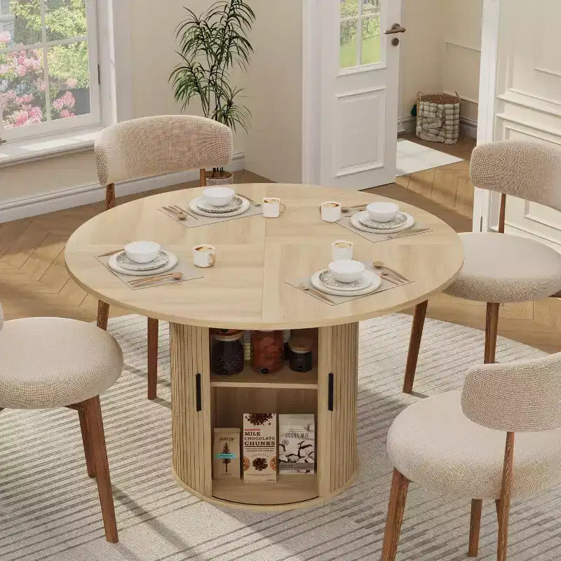 47 Round Dining Table for 4, Kitchen Dinner Table with 2-Tier Storage Shelf and Sliding Wood Door for Dining Room or Living Room