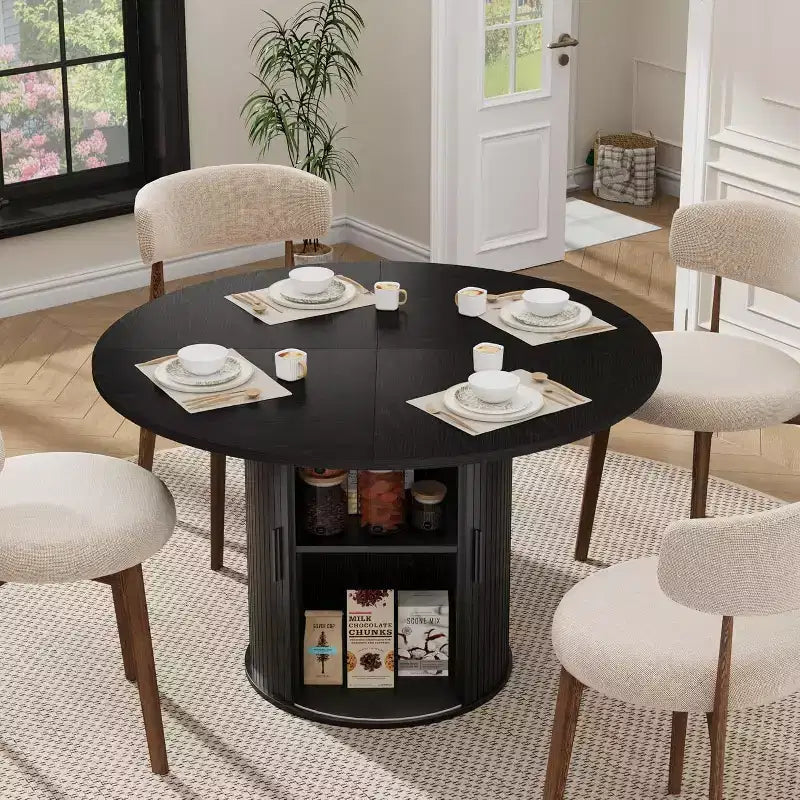 47 Round Dining Table for 4, Kitchen Dinner Table with 2-Tier Storage Shelf and Sliding Wood Door for Dining Room or Living Room
