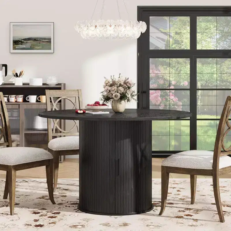 47 Round Dining Table for 4, Kitchen Dinner Table with 2-Tier Storage Shelf and Sliding Wood Door for Dining Room or Living Room