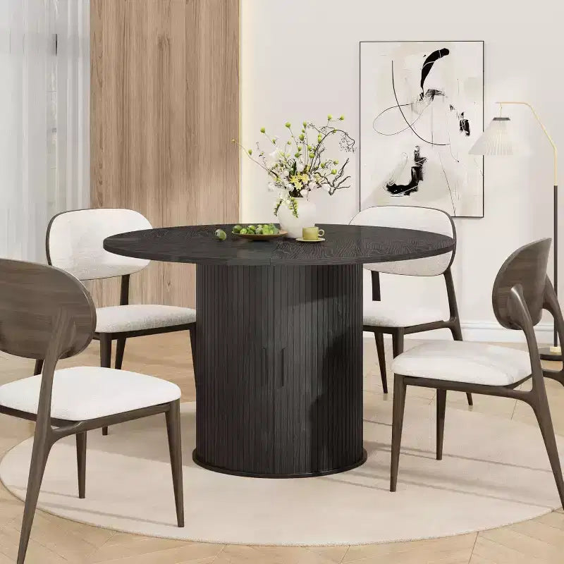 47 Round Dining Table for 4, Kitchen Dinner Table with 2-Tier Storage Shelf and Sliding Wood Door for Dining Room or Living Room