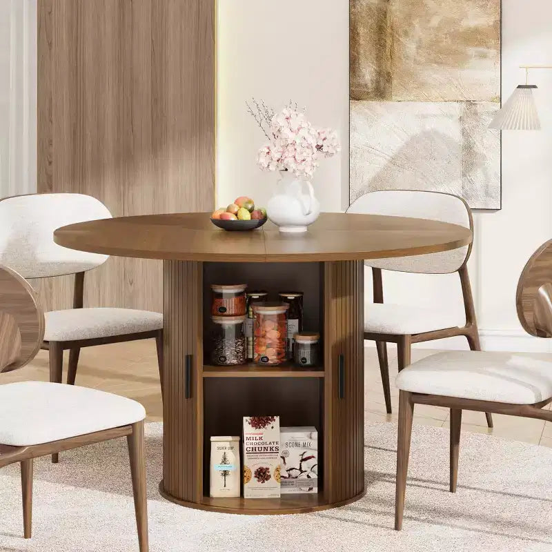 47 Round Dining Table for 4, Kitchen Dinner Table with 2-Tier Storage Shelf and Sliding Wood Door for Dining Room or Living Room
