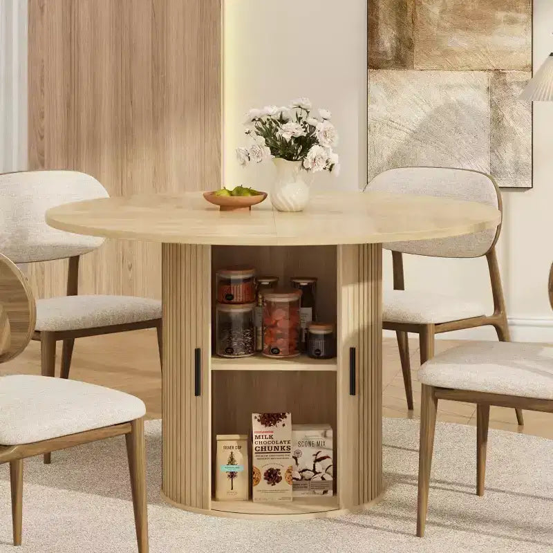 47 Round Dining Table for 4, Kitchen Dinner Table with 2-Tier Storage Shelf and Sliding Wood Door for Dining Room or Living Room