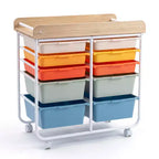 Costway 10-Drawer Rolling Art & Craft Storage Cart with Wooden Tabletop, Lockable Wheels, Metal Frame & Handles Natural + Macaron/White