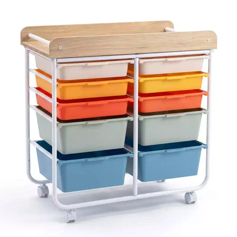 Costway 10-Drawer Rolling Art & Craft Storage Cart with Wooden Tabletop, Lockable Wheels, Metal Frame & Handles Natural + Macaron/White
