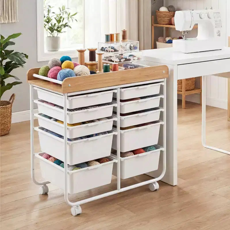 Costway 10-Drawer Rolling Art & Craft Storage Cart with Wooden Tabletop, Lockable Wheels, Metal Frame & Handles Natural + Macaron/White