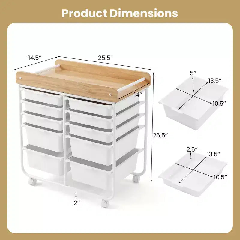 Costway 10-Drawer Rolling Art & Craft Storage Cart with Wooden Tabletop, Lockable Wheels, Metal Frame & Handles Natural + Macaron/White