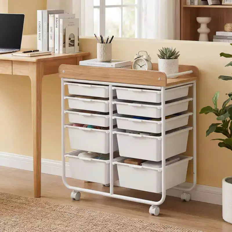 Costway 10-Drawer Rolling Art & Craft Storage Cart with Wooden Tabletop, Lockable Wheels, Metal Frame & Handles Natural + Macaron/White
