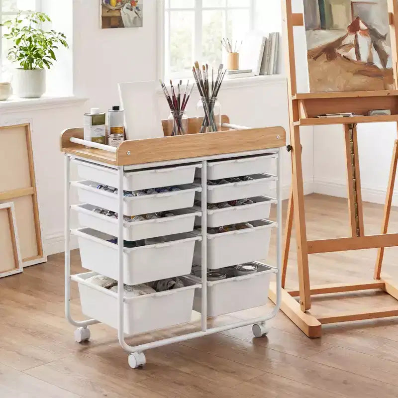 Costway 10-Drawer Rolling Art & Craft Storage Cart with Wooden Tabletop, Lockable Wheels, Metal Frame & Handles Natural + Macaron/White