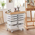 Costway 10-Drawer Rolling Art & Craft Storage Cart with Wooden Tabletop, Lockable Wheels, Metal Frame & Handles Natural + Macaron/White