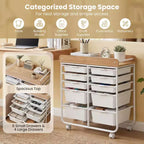 Costway 10-Drawer Rolling Art & Craft Storage Cart with Wooden Tabletop, Lockable Wheels, Metal Frame & Handles Natural + Macaron/White