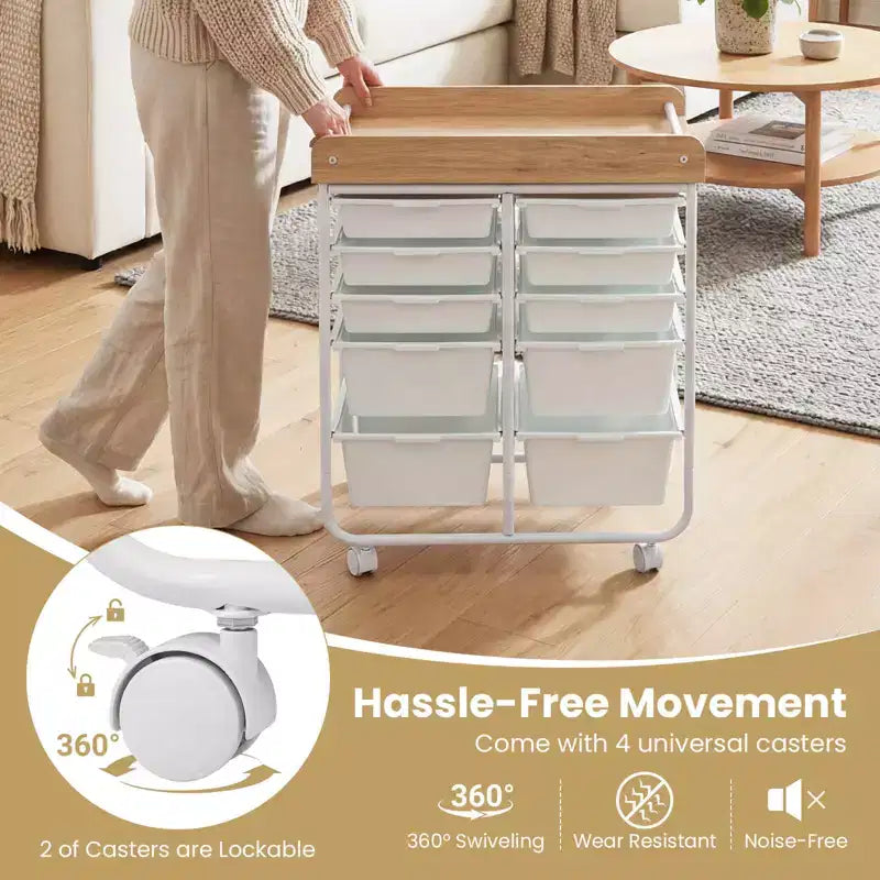 Costway 10-Drawer Rolling Art & Craft Storage Cart with Wooden Tabletop, Lockable Wheels, Metal Frame & Handles Natural + Macaron/White