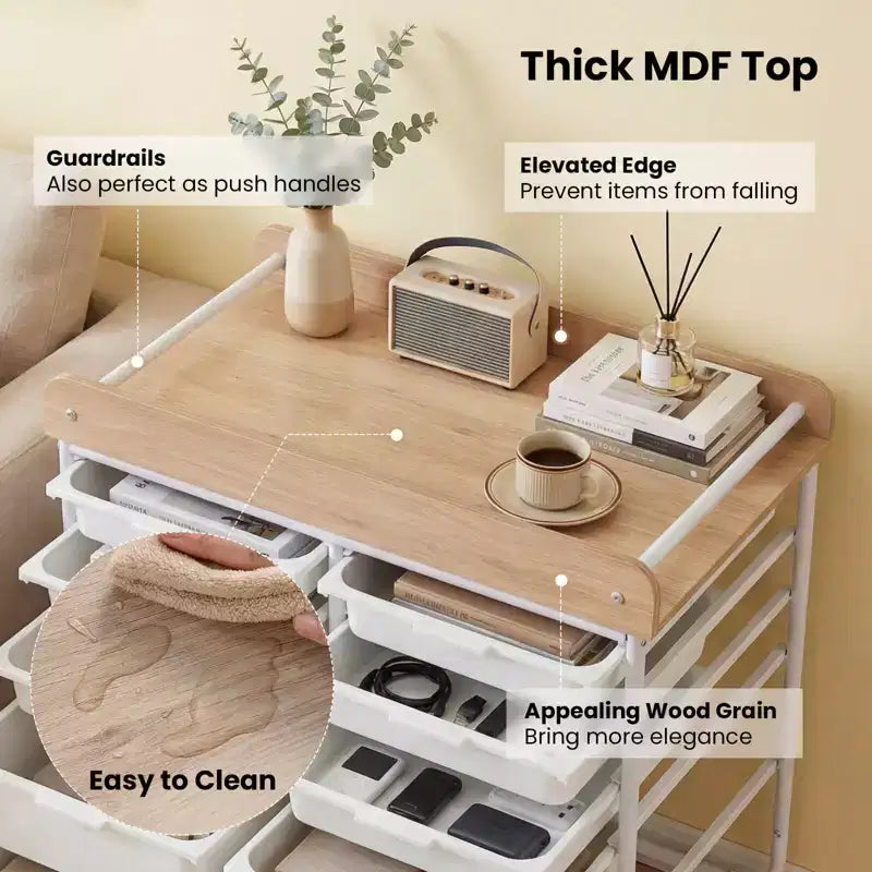 Costway 10-Drawer Rolling Art & Craft Storage Cart with Wooden Tabletop, Lockable Wheels, Metal Frame & Handles Natural + Macaron/White