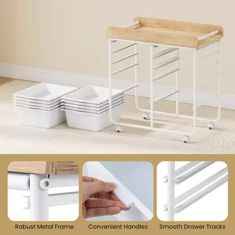 Costway 10-Drawer Rolling Art & Craft Storage Cart with Wooden Tabletop, Lockable Wheels, Metal Frame & Handles Natural + Macaron/White