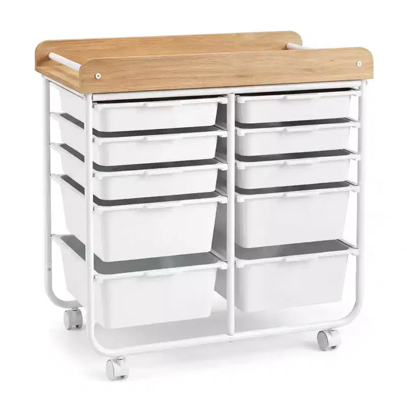 Costway 10-Drawer Rolling Art & Craft Storage Cart with Wooden Tabletop, Lockable Wheels, Metal Frame & Handles Natural + Macaron/White