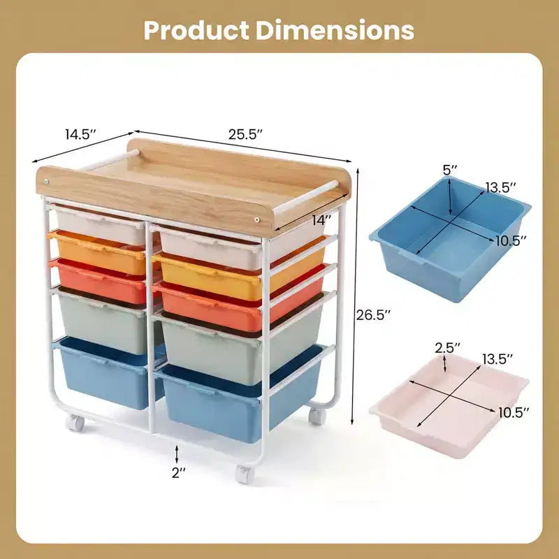 Costway 10-Drawer Rolling Art & Craft Storage Cart with Wooden Tabletop, Lockable Wheels, Metal Frame & Handles Natural + Macaron/White