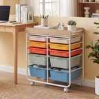 Costway 10-Drawer Rolling Art & Craft Storage Cart with Wooden Tabletop, Lockable Wheels, Metal Frame & Handles Natural + Macaron/White
