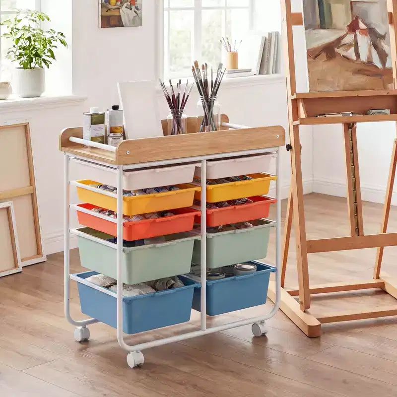 Costway 10-Drawer Rolling Art & Craft Storage Cart with Wooden Tabletop, Lockable Wheels, Metal Frame & Handles Natural + Macaron/White