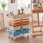 Costway 10-Drawer Rolling Art & Craft Storage Cart with Wooden Tabletop, Lockable Wheels, Metal Frame & Handles Natural + Macaron/White