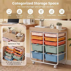 Costway 10-Drawer Rolling Art & Craft Storage Cart with Wooden Tabletop, Lockable Wheels, Metal Frame & Handles Natural + Macaron/White