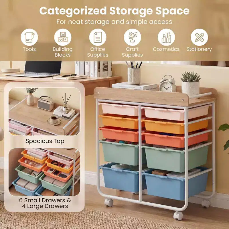 Costway 10-Drawer Rolling Art & Craft Storage Cart with Wooden Tabletop, Lockable Wheels, Metal Frame & Handles Natural + Macaron/White